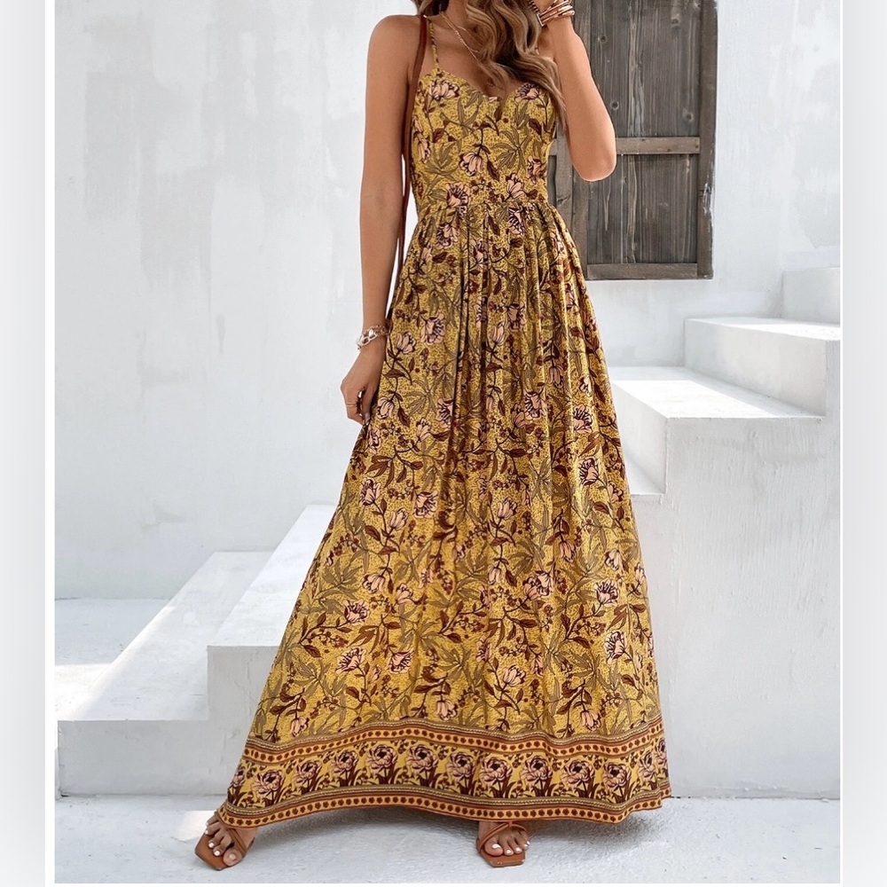 LAST ONE ๐ฅ Boho Floral Print Cami Dress Yellow - Picture 2 of 8